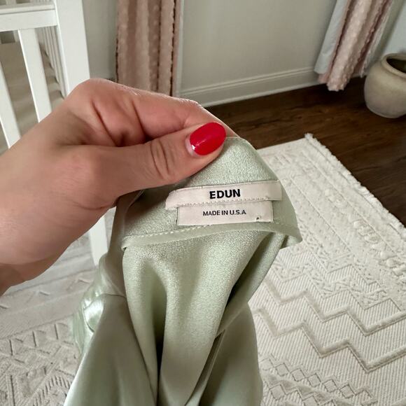 EDUN Liquid Satin Tie Waist Short Sleeve Dress Jade 2 $1100 - Picture 6 of 9